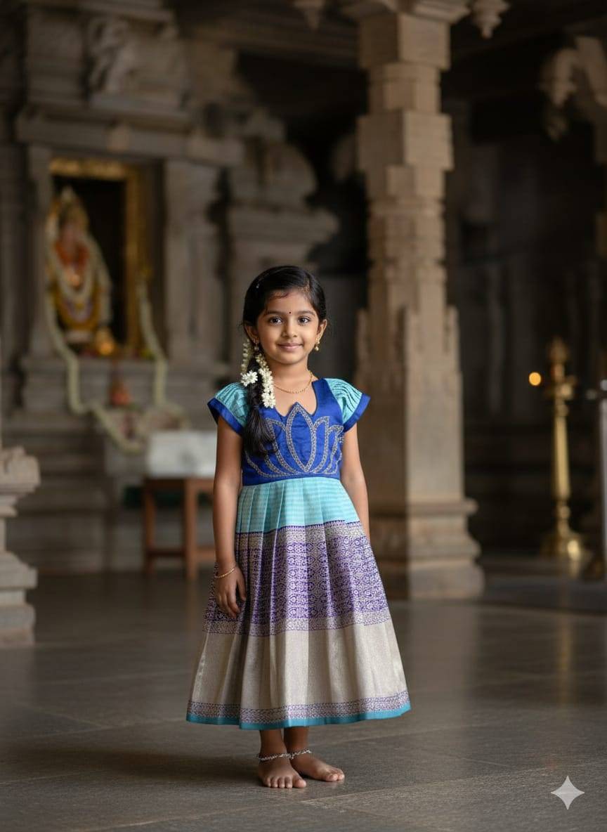 Lotus Frock Jaquard Silk Dark Blue Affordable kids clothing wholesale